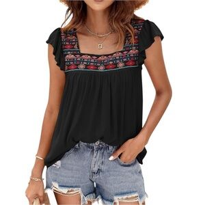 DOROSE Square Neck Embroidered Flutter Sleeve Boho Womens Size M Black